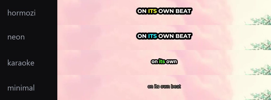 The same video frame rendered four times with different caption presets: hormozi in all caps with a yellow active word, neon in all caps with a cyan active word, karaoke in lower case with a green active word, and minimal in small plain text.