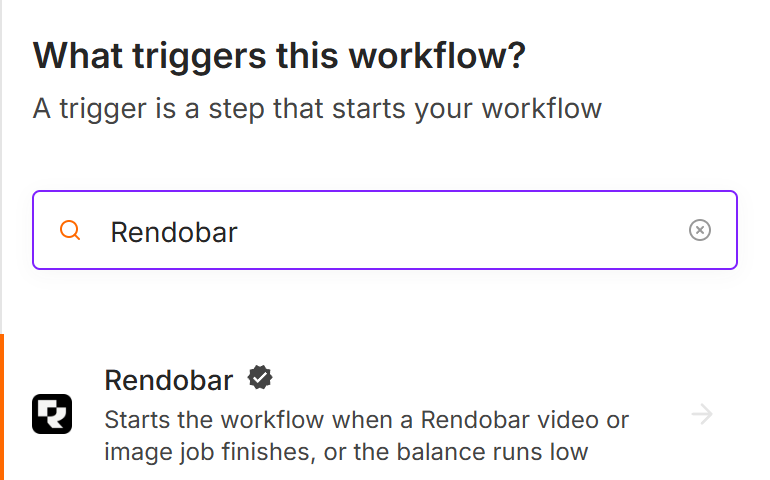 The n8n nodes panel with Rendobar typed into the search box. Rendobar appears in the results with its icon, a verified badge and the line: Starts the workflow when a Rendobar video or image job finishes, or the balance runs low.