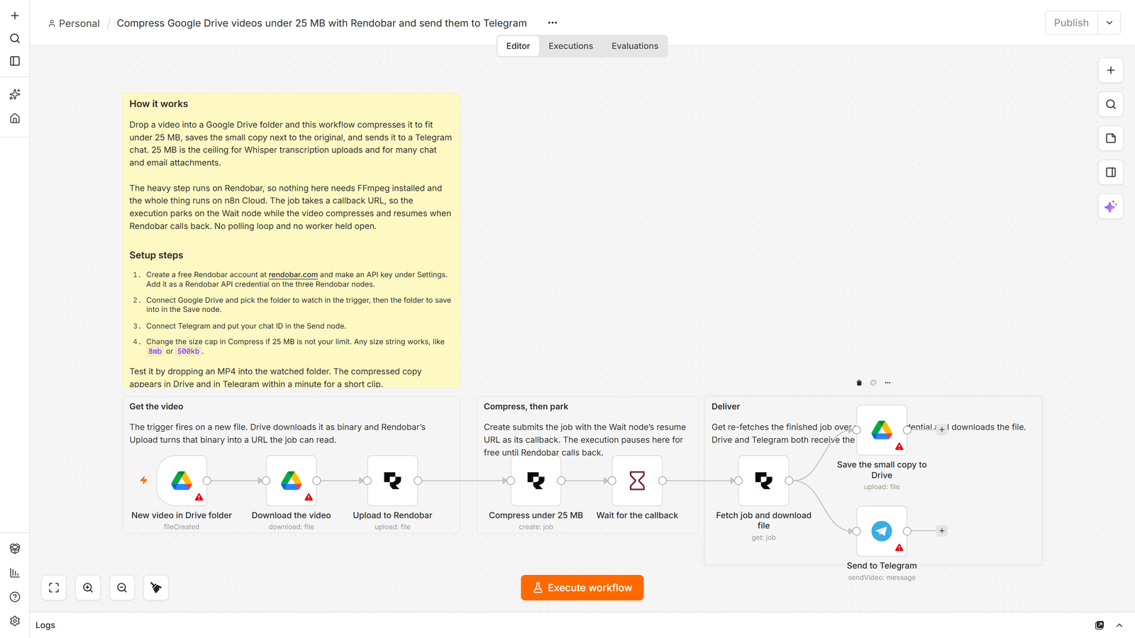 An n8n canvas with eight connected nodes: Google Drive Trigger, Google Drive download, Rendobar upload, Rendobar compress job, Wait, Rendobar get job, then Google Drive upload and Telegram in parallel. A yellow sticky note above explains how it works and lists setup steps, and three white notes label the sections.