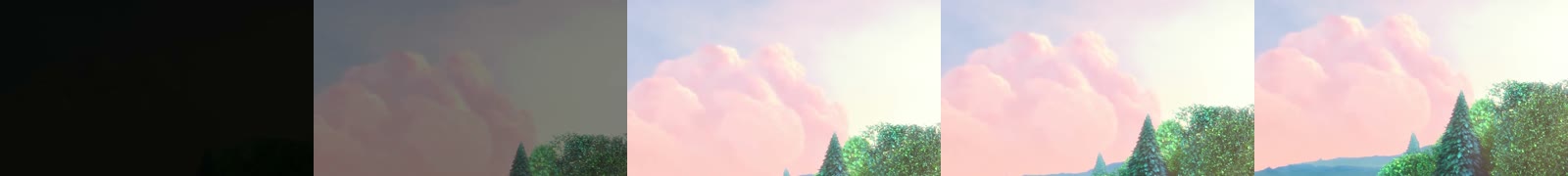 Five frames of the test clip side by side, one per second. The first is almost entirely black, the second shows faint pink clouds through a dark wash, and the last three show bright pink clouds, a pale sky and green trees.