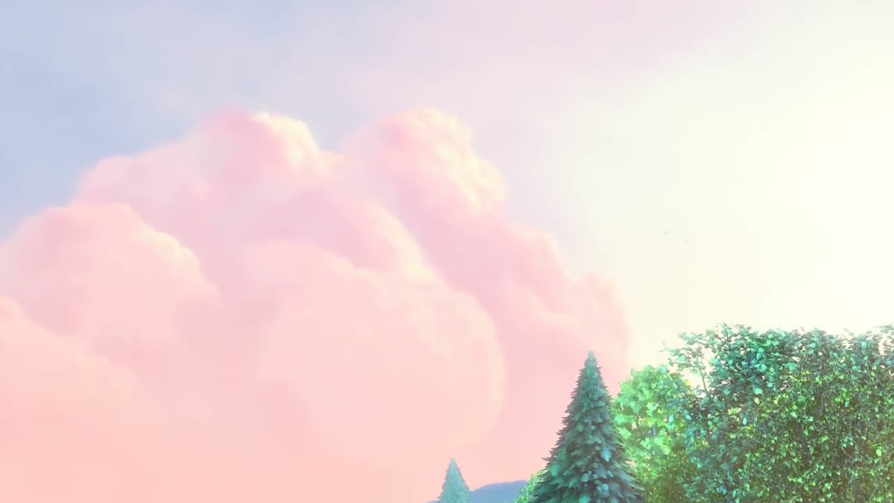 The test clip at 3 seconds. Tall pink clouds fill a pale blue sky above a line of green trees and a distant hill.